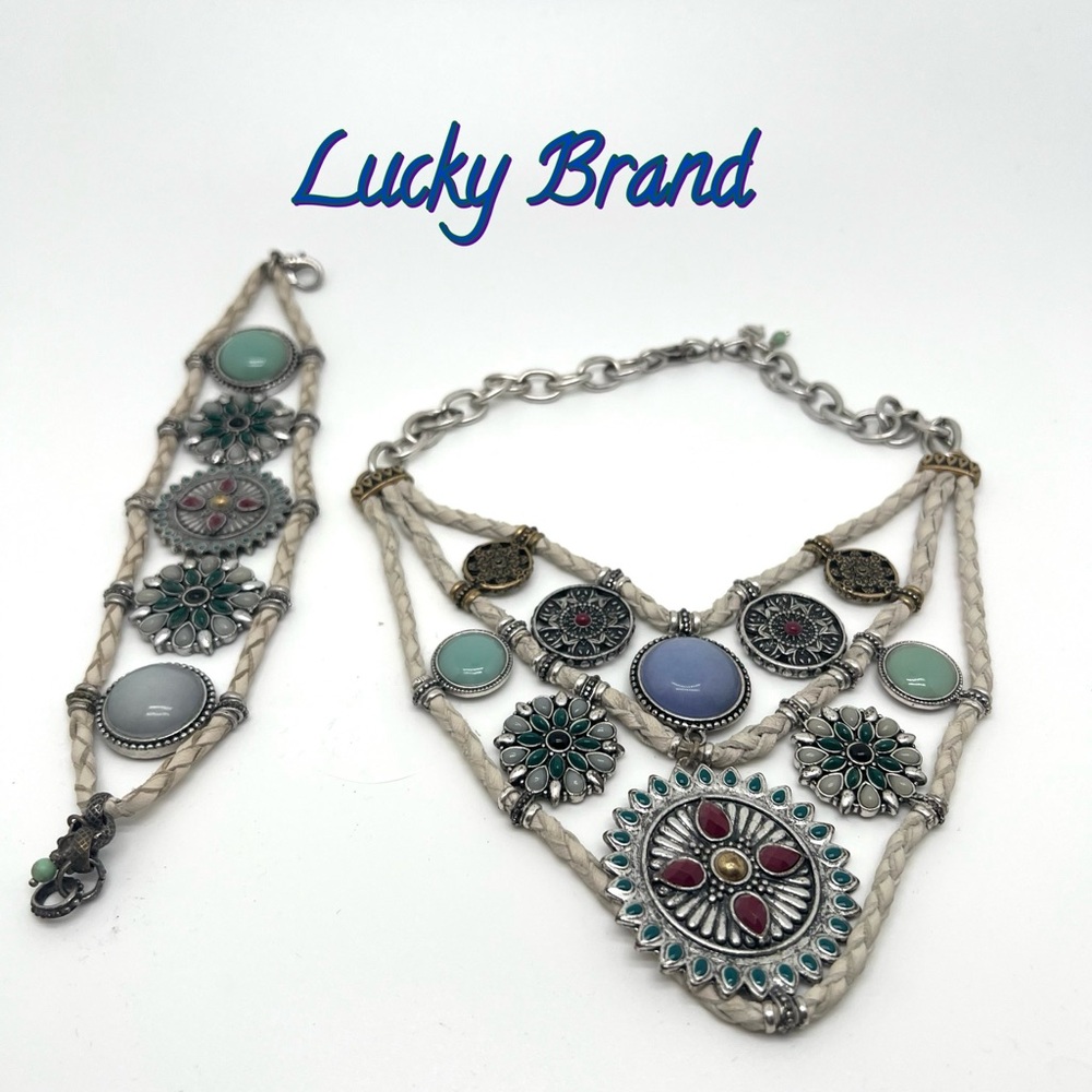 Lucky Brand Silver Bracelet and White Necklace with Intricate Design